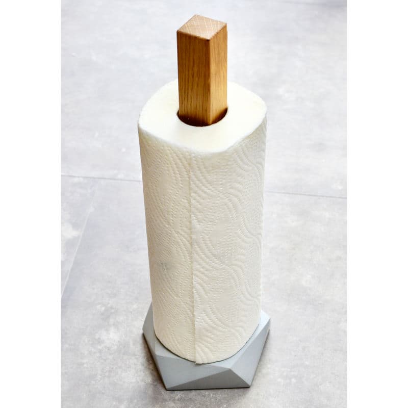 Paper Towel Holder Grey Concrete and Oak Wood Kitchen Roll Holder, Premium Quality, One-Handed Operation Countertop Dispenser with Weighted Base handcrafted in Germany.