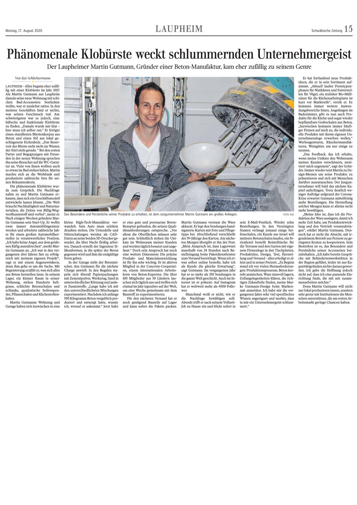 Design Klobürste - Start Up - Beton BW ULM - Artikel in Schwaebische Zeitung August 2020