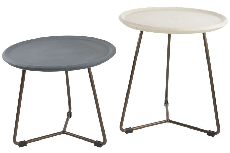 Betontisch Rund Tischplatte in Grau oder Anthrazit, Metallgestell in Farbe Bronze.