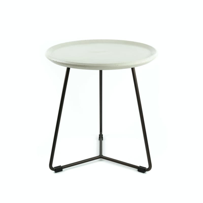 Small round couch table grey concrete metal frame.