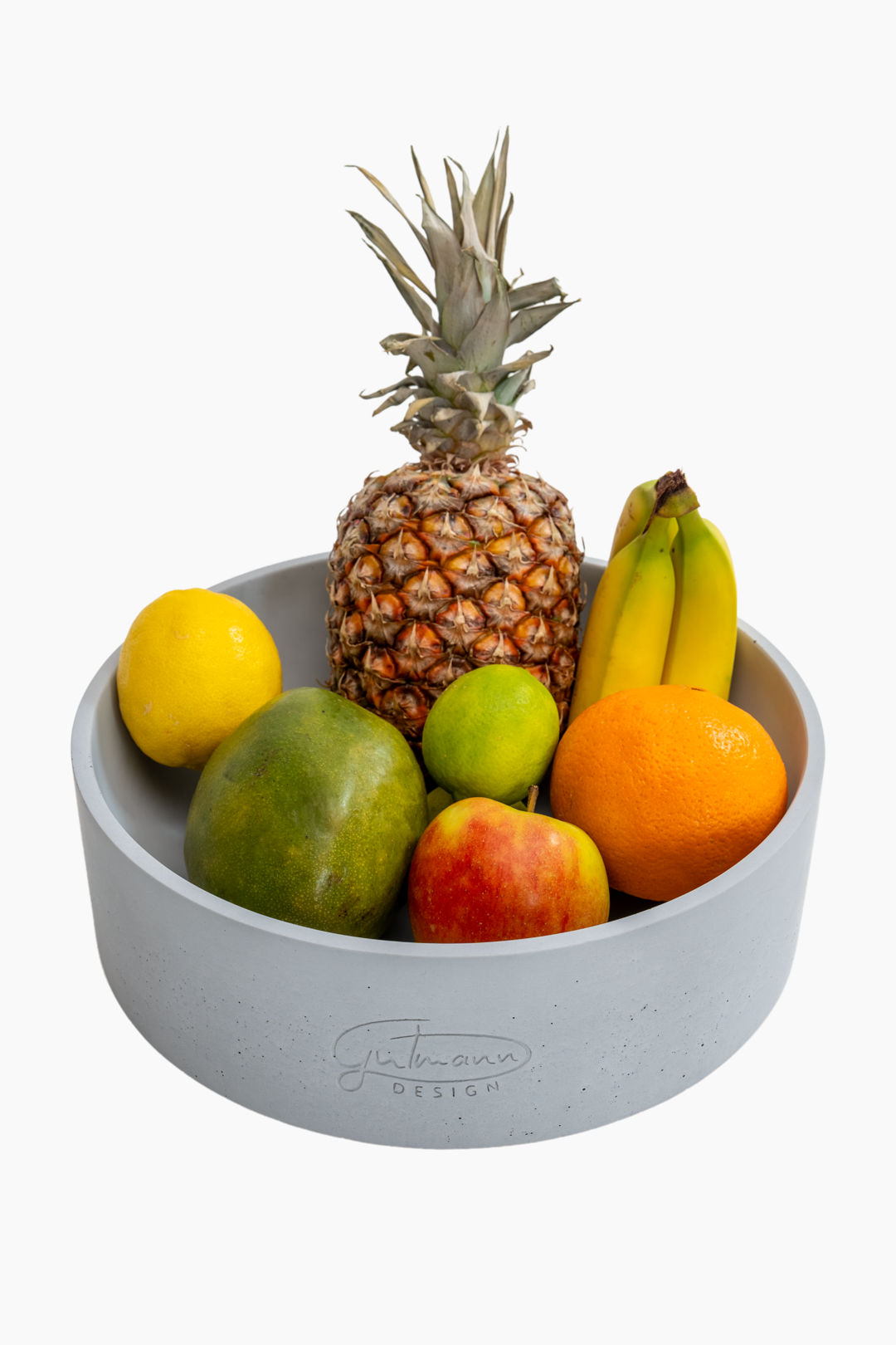 Eine große graue runde Obstschale stilvoll.