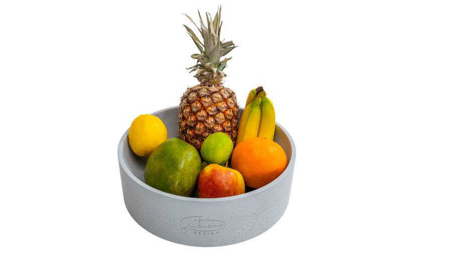 Eine graue Obstschale in Betonoptik handgemacht in Deutschland von Gutmann - Design.